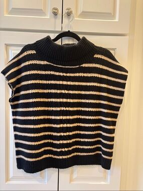 THML Black and Cream Striped Sleeveless Turtleneck Sweater